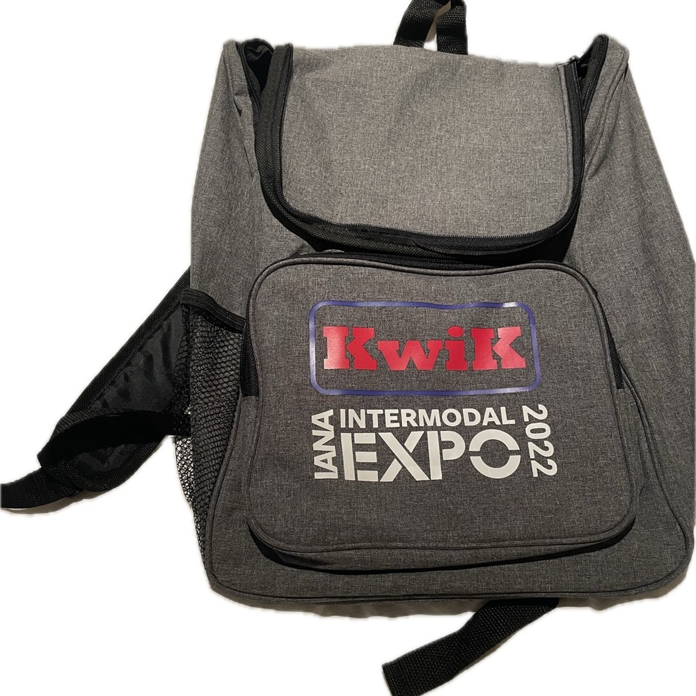NWOT Gray Men’s Backpack w corporate sponsorship logos